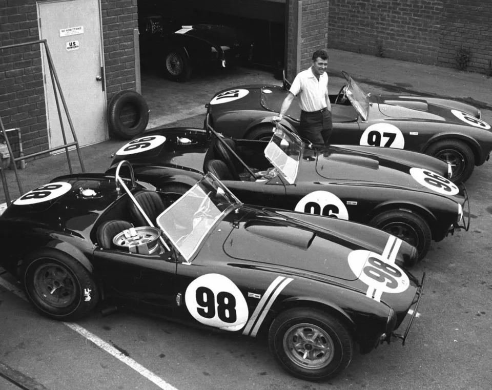 Image of three Shelby Cobras and Carroll Shelby