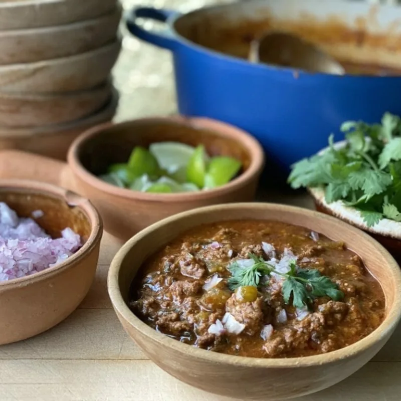 tomatillo chili in a bowl with toppings
